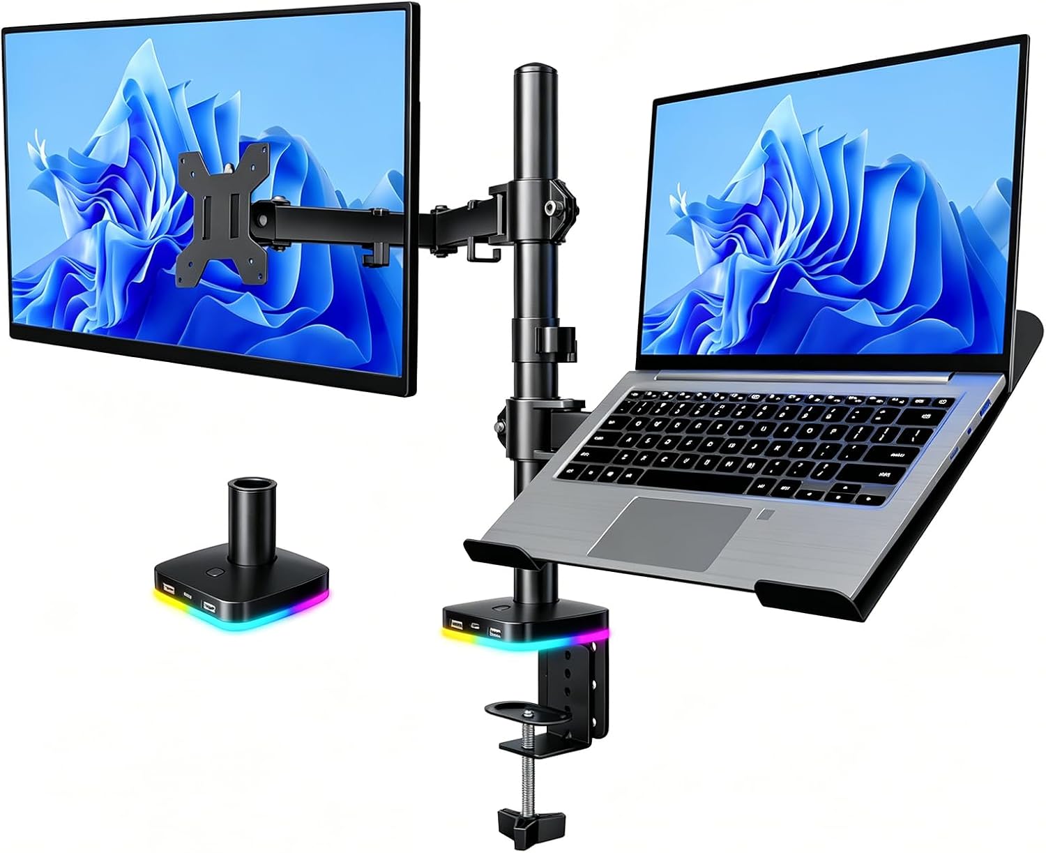 Afaloona RGB Monitor and Laptop Mount with USB Hub, Dual Arm Desk Mount for 13-32 Inch Monitor & 11-17 Inch Laptop, Removable Tray, 1 Type-C & 2 USB Ports, VESA 75×75/100x100mm, C-Clamp