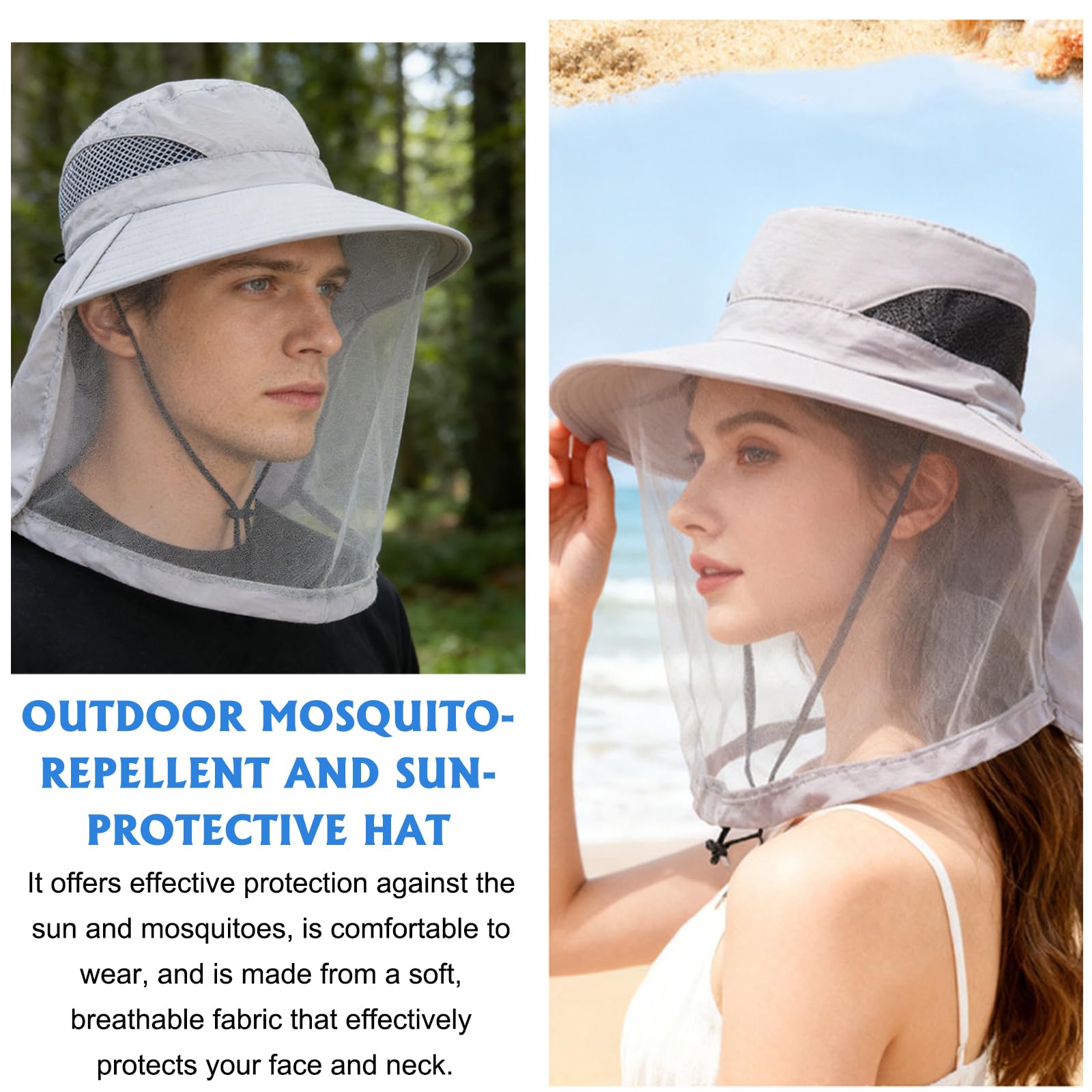 Cappello con Zanzariera, Grigio Cappello Zanzariera, Cappelloda Sole Traspirante, Visione Ampia, Cappellodi Testa a Rete Faciale per Campeggio, Escursionismo, Pesca