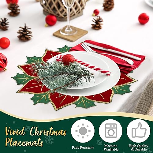 Miniatura 4 de Manteles individuales redondos de Navidad de flor de pascua, color rojo y verde, manteles individuales bordados con flores de Navidad, manteles