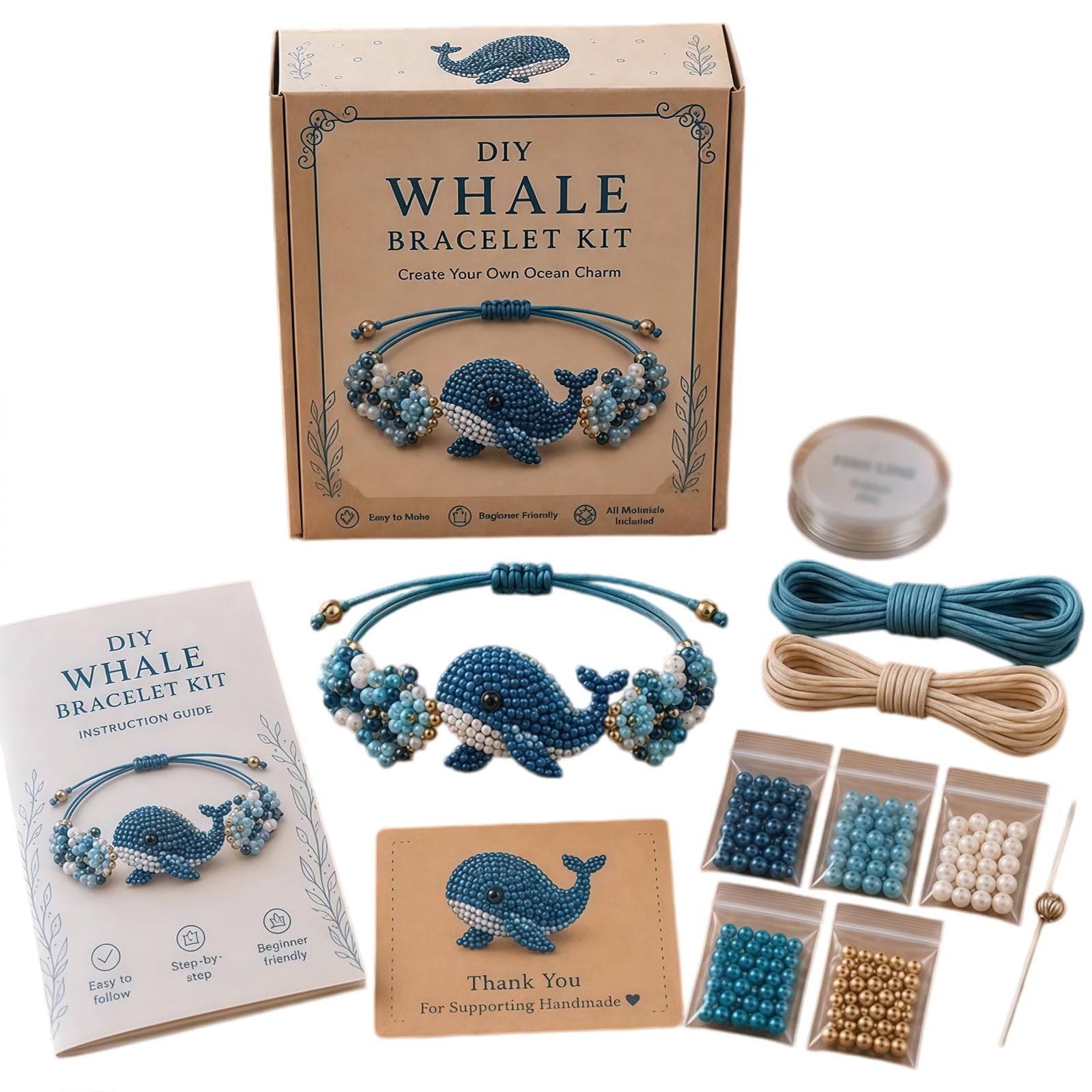 DIY Beaded Bracelet Making Kit, Animal Beaded Bracelet Craft Kit, Adjustable Handmade Bead Weaving Jewelry Making Set with Instructions, for Beginners, Teens and Adults (Whale)