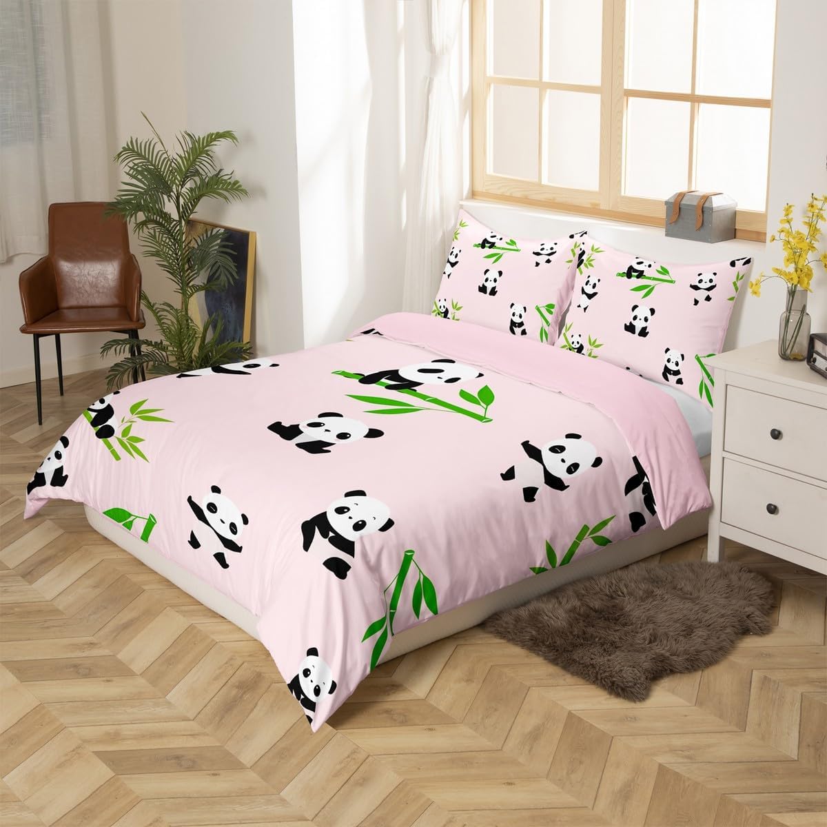 Feelyou Panda Bedding Set Kids Cute Animal Comforter Cover Set for Boys Girls Cute Cartoon Panda Duvet Cover Breathable Panda Bear Printed Pink Bedspread Cover Room Decor Quilt Cover Twin Size