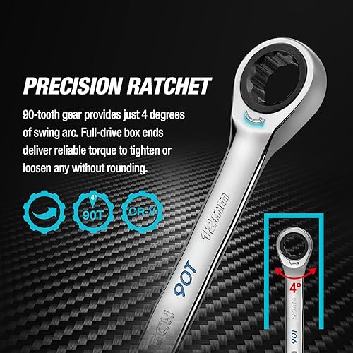 Miniatura 7 de DURATECH Juego de llaves de trinquete extralargas de 9 piezas y 8 piezas de 90 dientes, métricas, acero CR-V