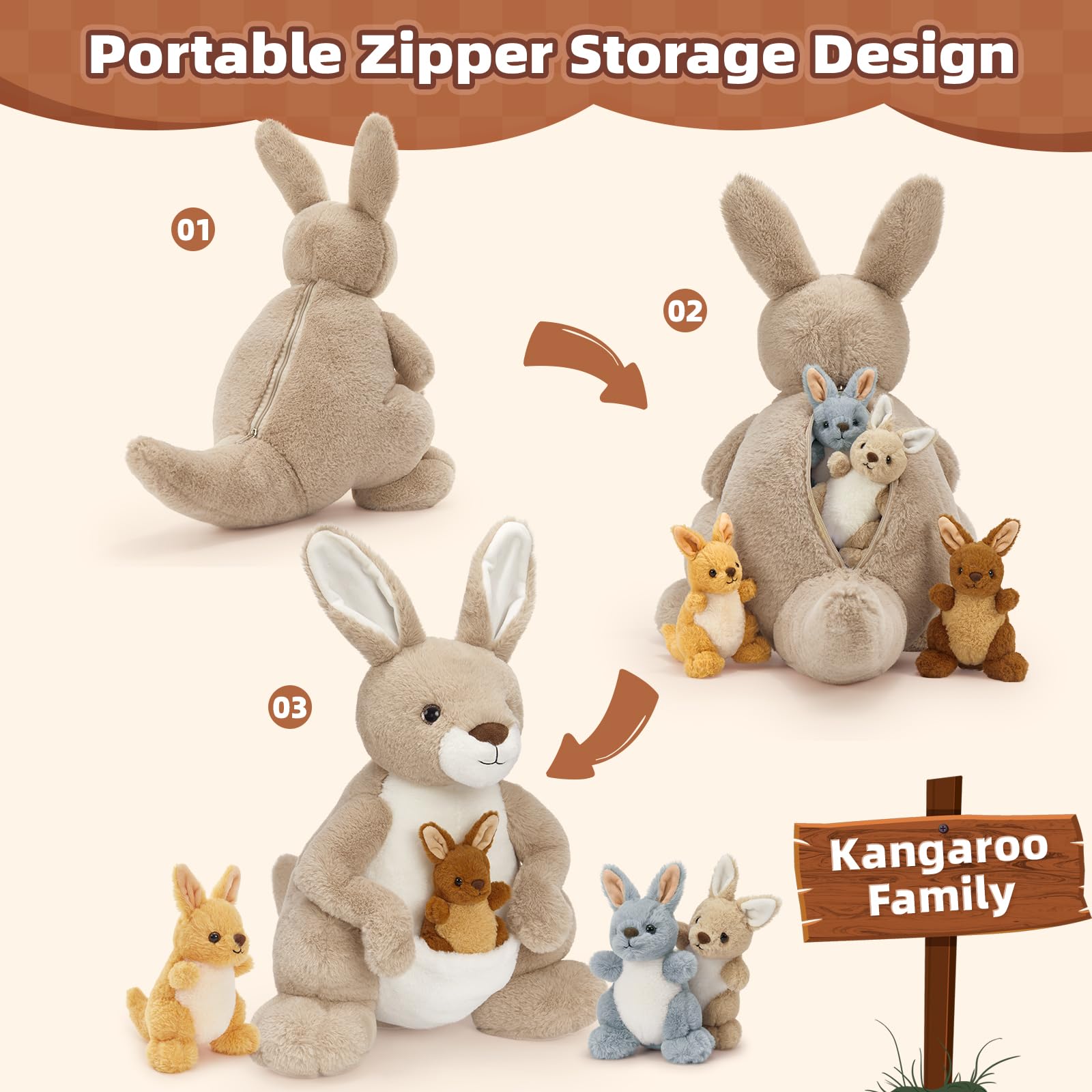 MorisMos Peluche Kangourou avec 4 Bébés 52cm, Famille Kangourou en Peluche, Peluche Maman et Bébés dans Poche, Animal Australien Doux, Cadeau Enfant, Cadeau Naissance, Décoration Chambre