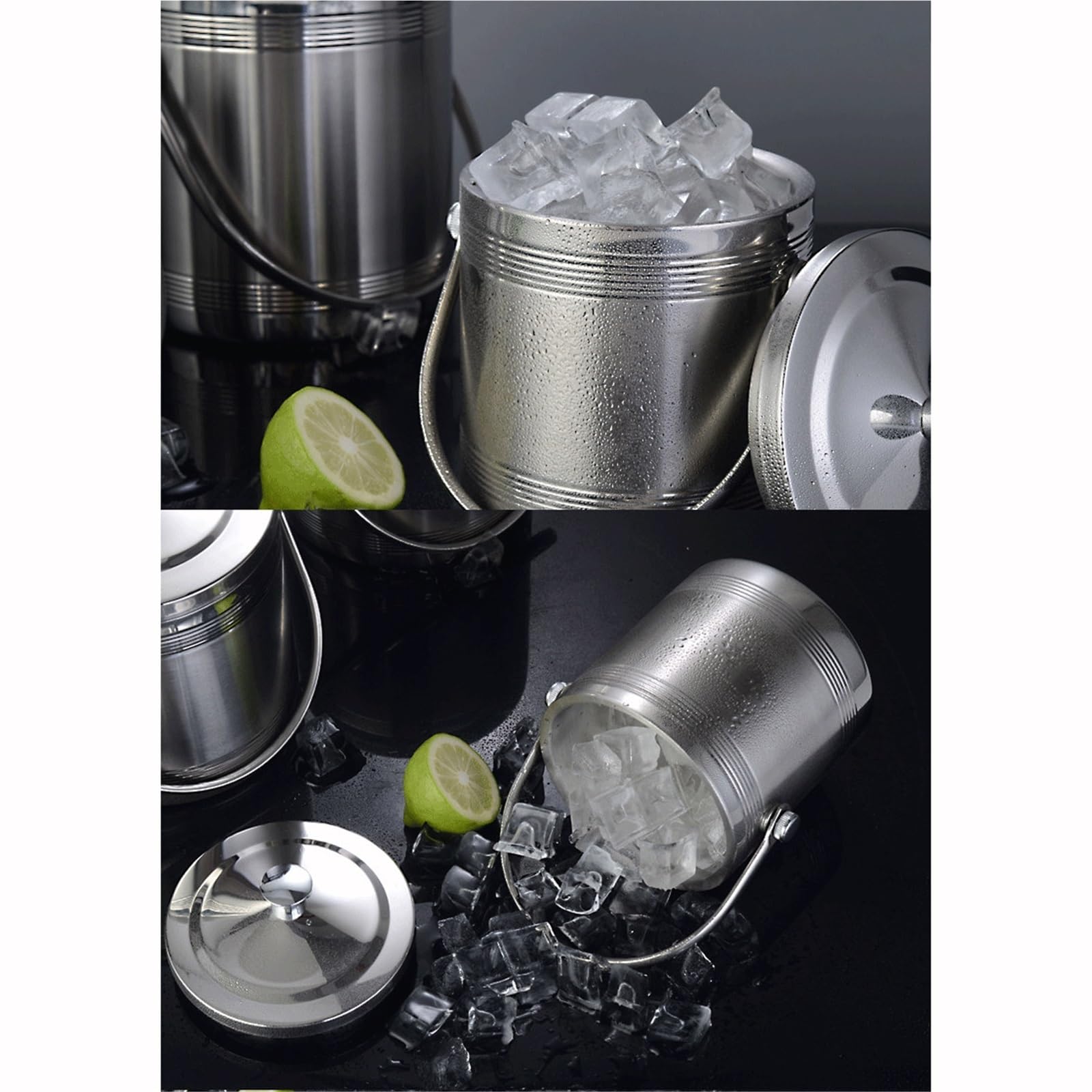 Cubo de champán Cubitera de Doble Pared Acero Inoxidable con Tapa y Pinzas for Hielo Cubo/Enfriador de Bebidas(Medio)