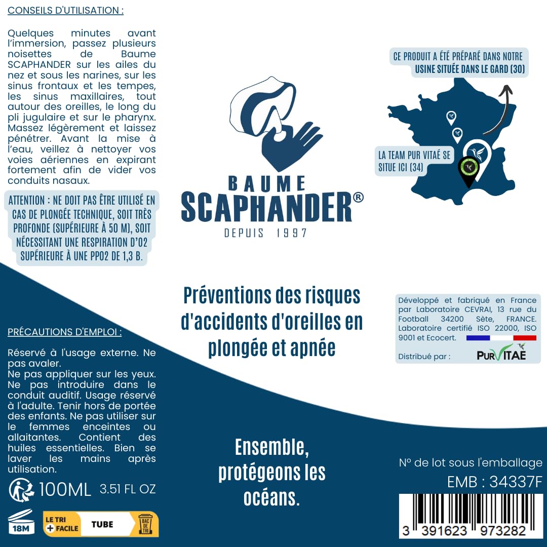 Baume Scaphander® 100mL Scaphandrier | Huiles essentielles | Pour plongeurs et apnéistes | Facilite les manœuvres d’équilibrage et prévient les risques d'accidents d'oreilles | 36 mois de conservation