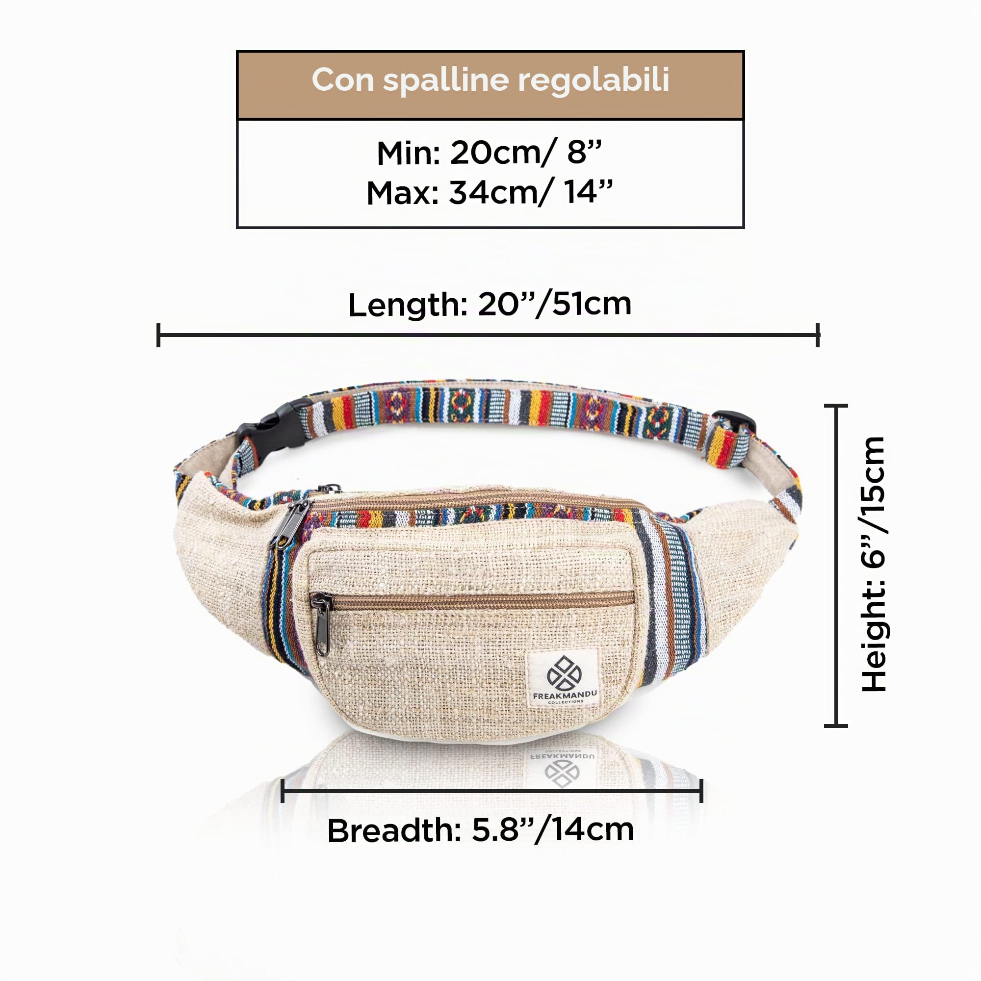 Freakmandu Marsupio di Canapa Unisex - Marsupio a Vita Incrociata Fatto a Mano in Stile Bohémien Hippie per Uomo e Donna