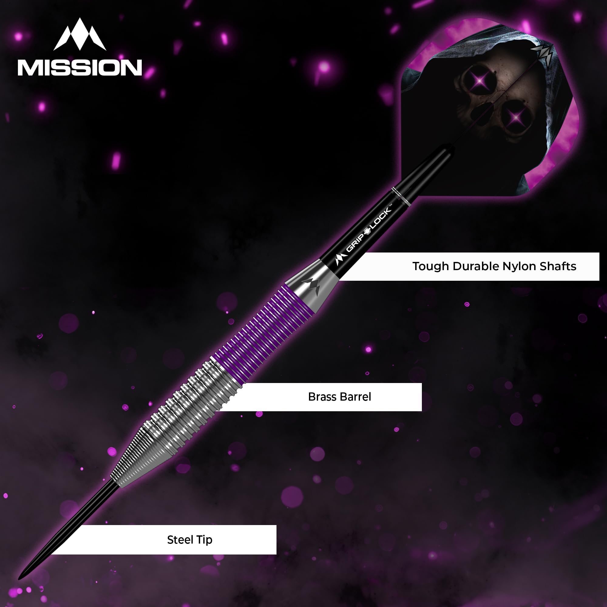 Mission Darts | Rzutki Phantom | Srebrne i fioletowe | Mosiężna tuleja | Zestaw rzutków ze stalową końcówką | 22g.