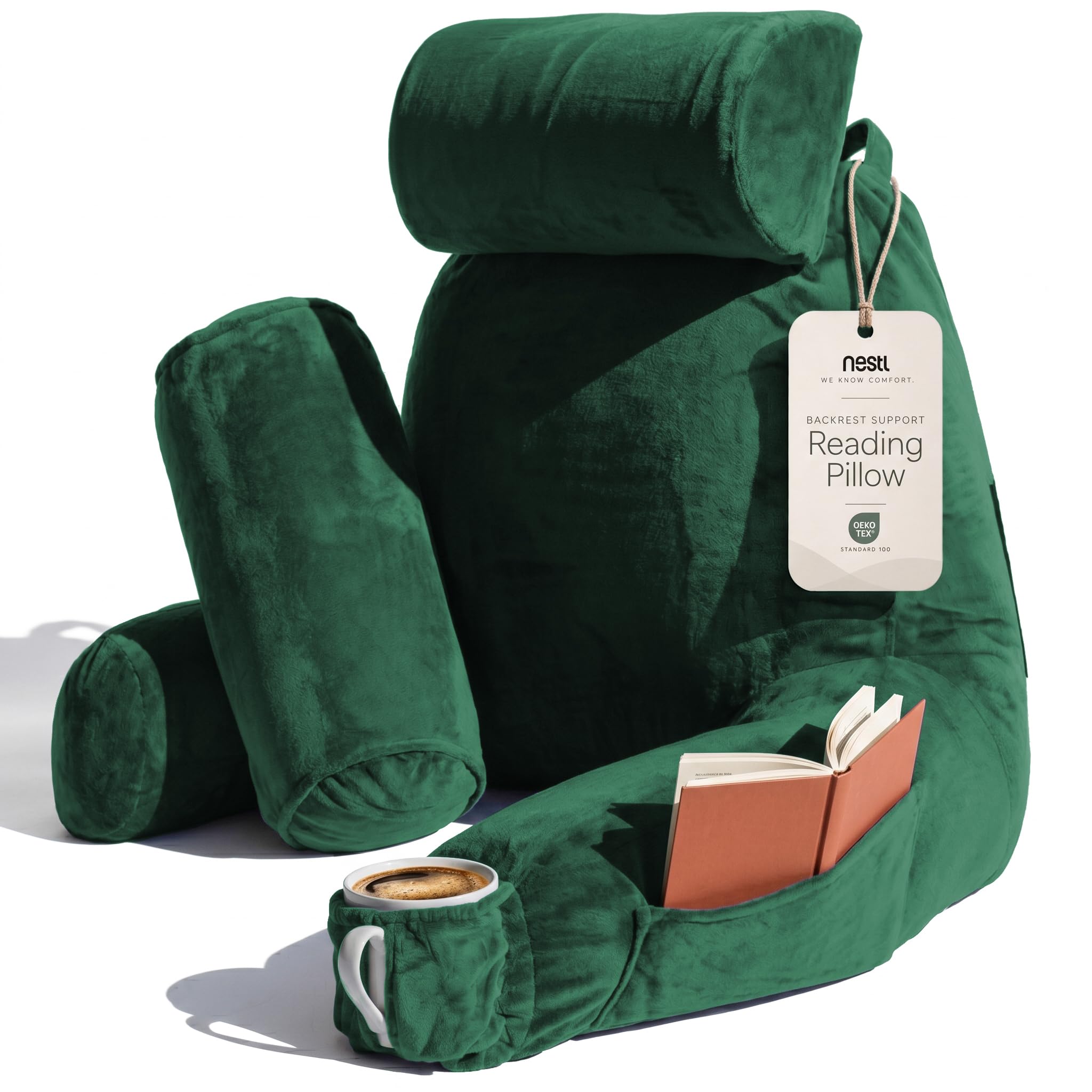 Nestl Reading Pillow with Shredded Memory Foam Includes 2 Neck and Lumber Support Pillows, Designed for Sitting Up in Bed and Couch, Back and Arms Adjustable Support for Adult &amp; Teens, Dark Green
