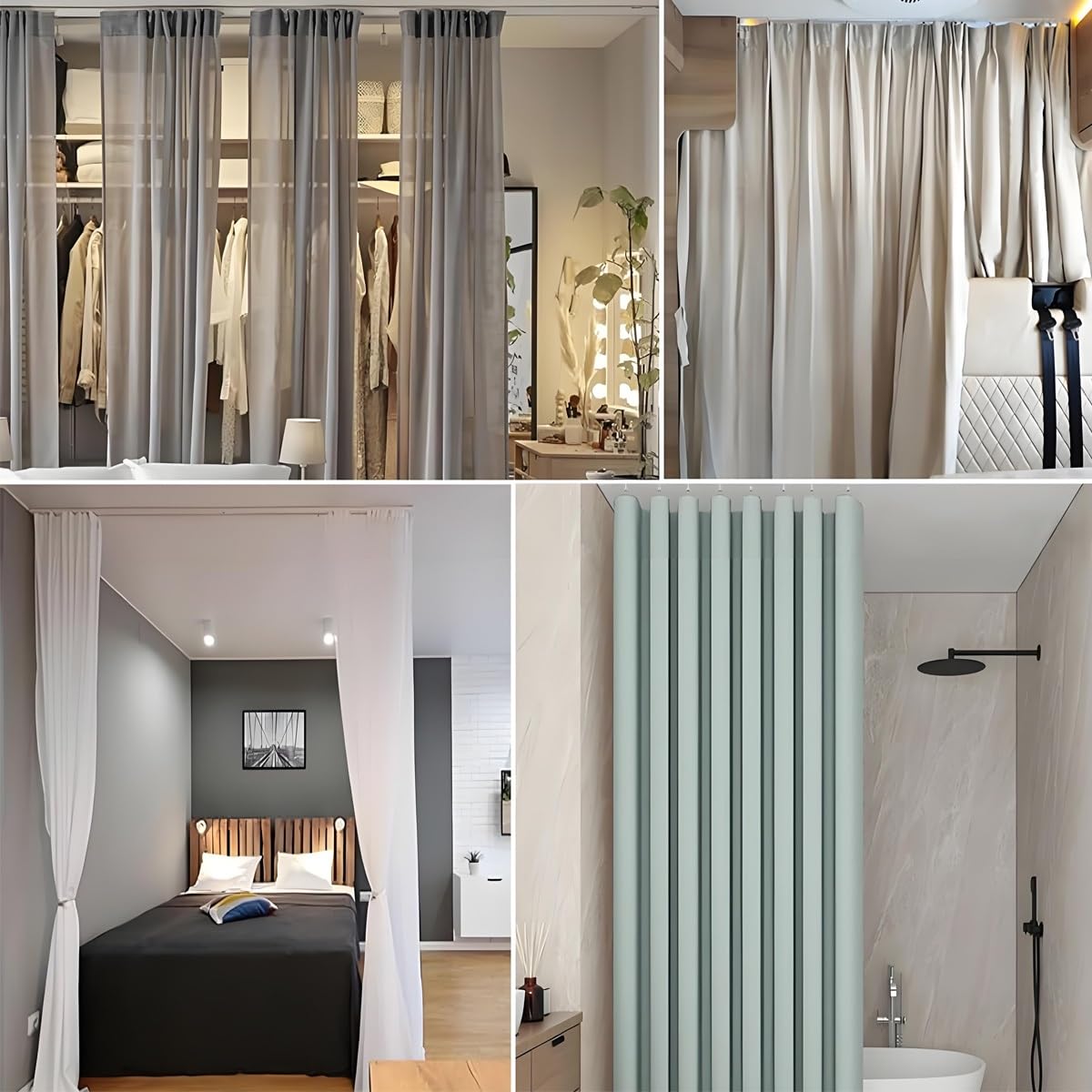 Sin Agujeros Barra de Cortina Sistema de Pista Set, Riel Deslizante Silencioso para Cortinas, Autoadhesivo Palos Cortinas de Techo Y Pared para Separador de Ambientes 40-600cm(2.90m)