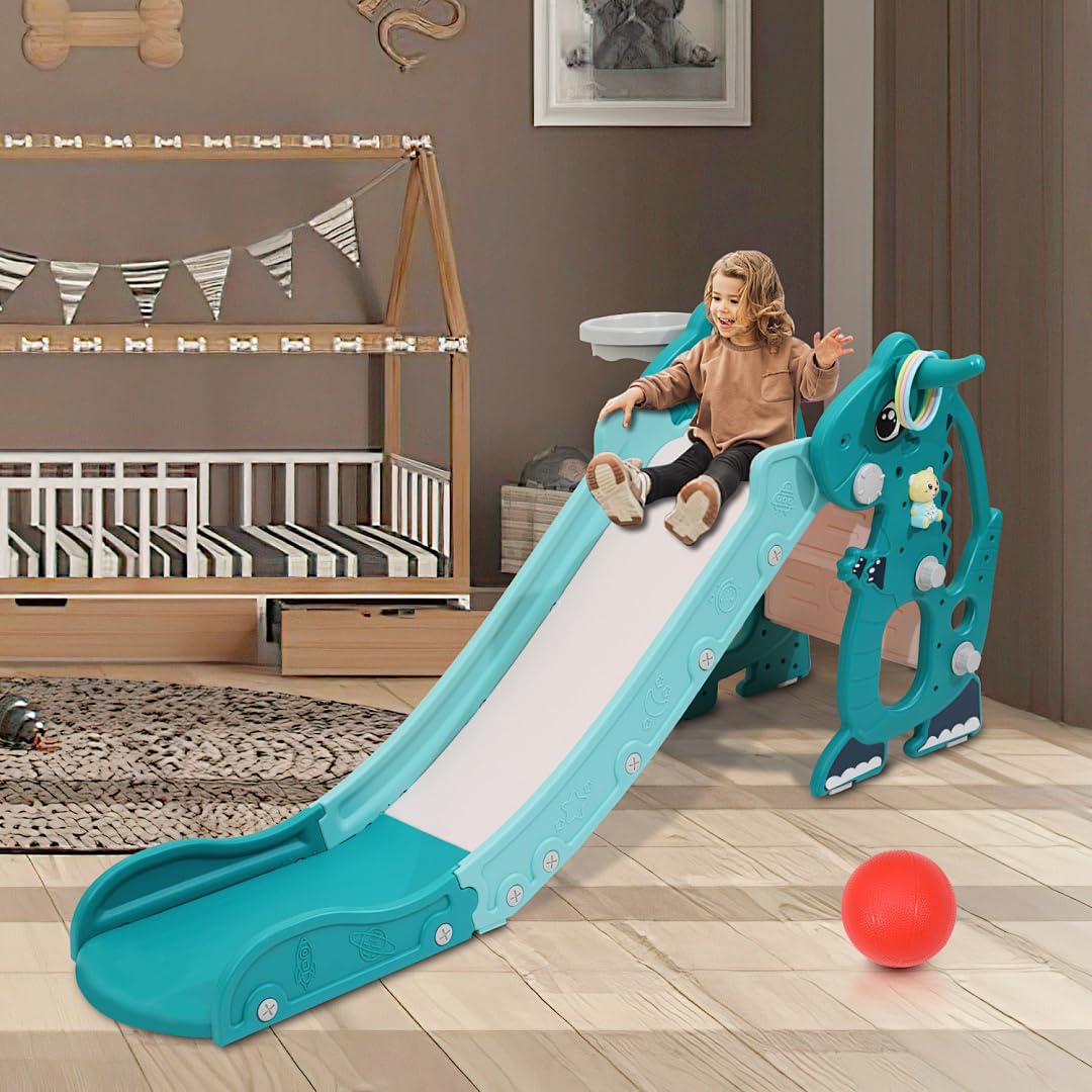 Scivolo per bambini 4 in 1 – con Cestino da basket & Giochi educativi, Scivolo pieghevole per interni ed esterni, da 1 a 3 anni, Verde