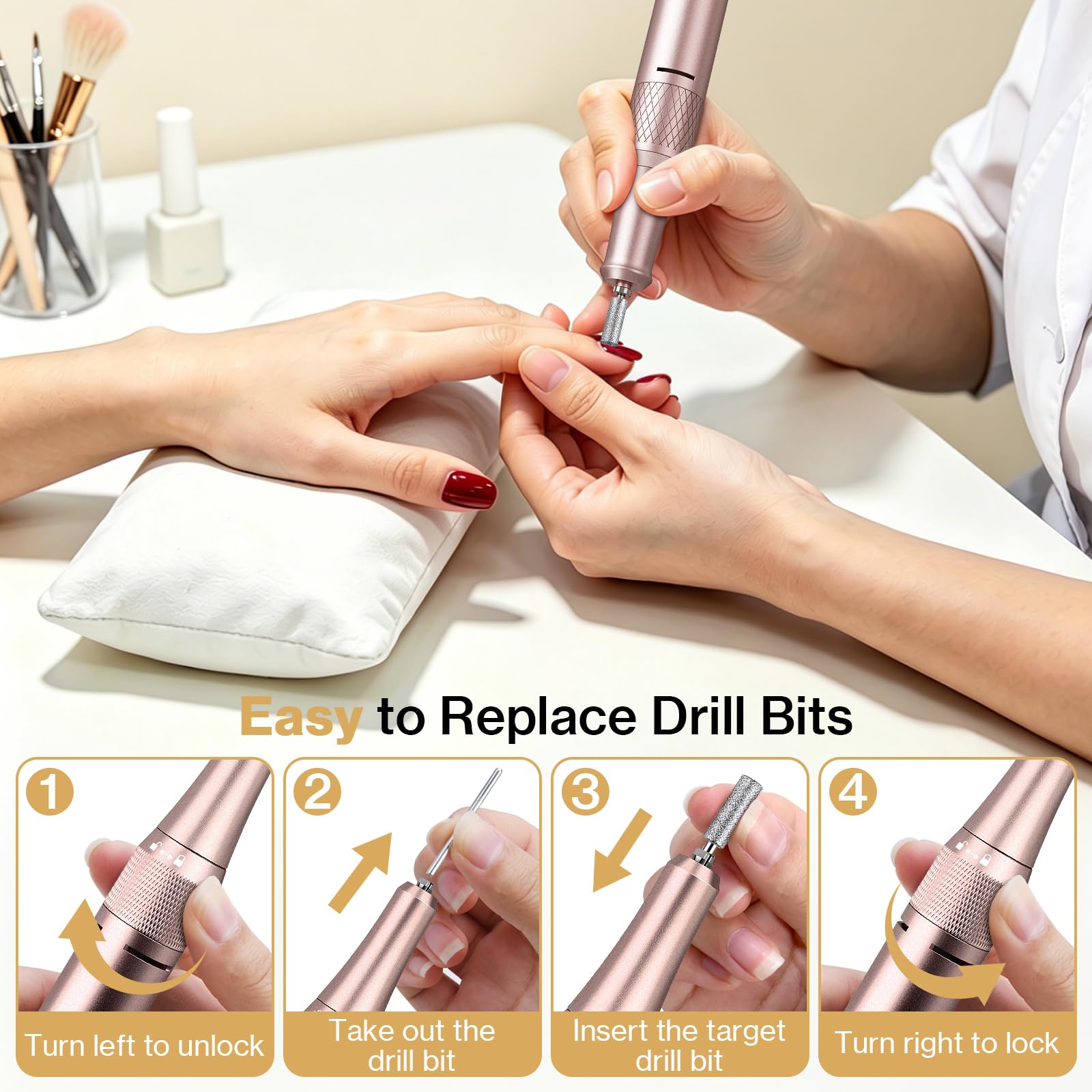 Urbuti Torno para Uñas Profesional 45000 RPM, con 12 Cabezales de Pulido, Pantalla Táctil LCD, Perilla de Cristal, Lima Portátil para Uñas Acrílicas y de Gel (Oro Rosa)