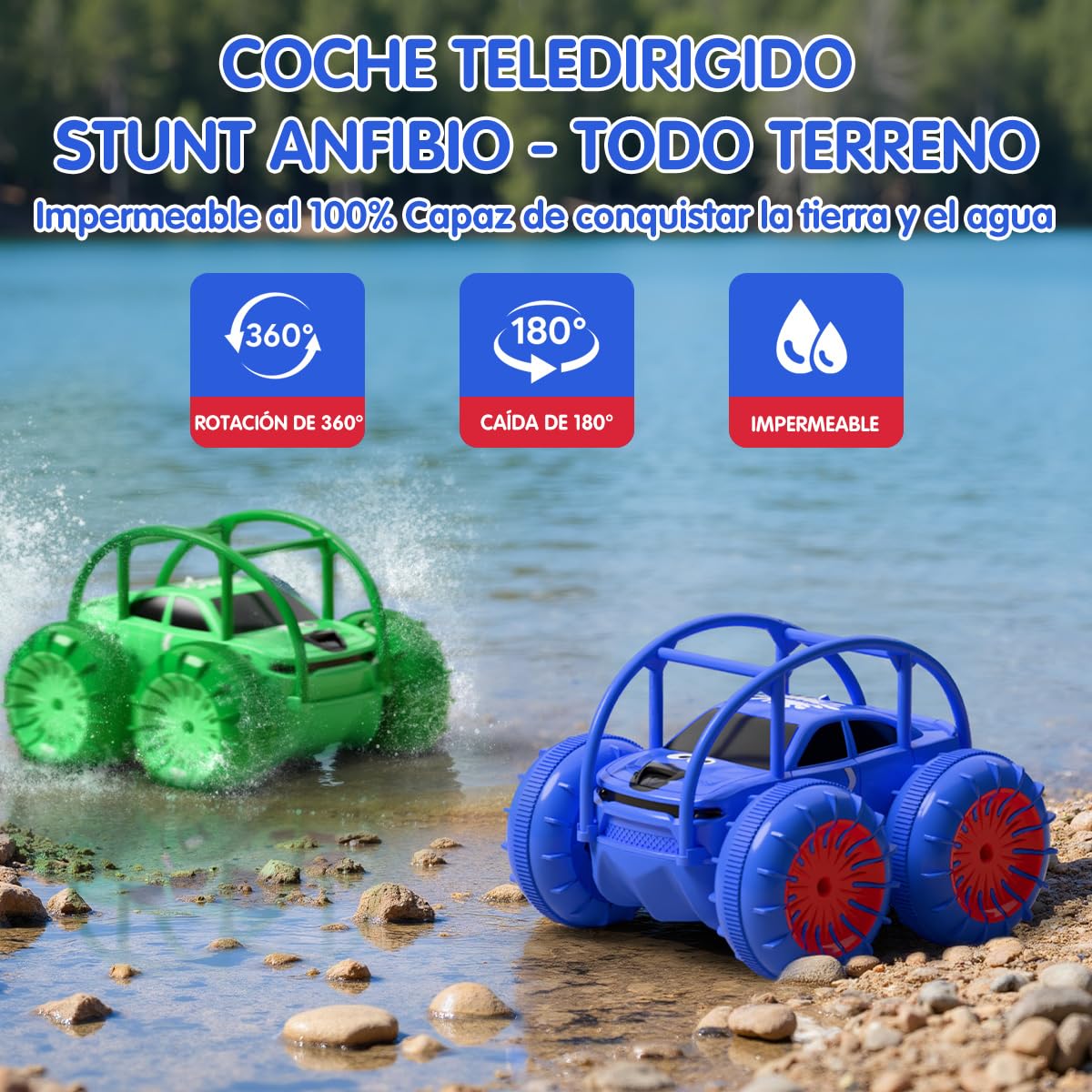 ifollower Coche Teledirigido 4x4 Camión Anfibio, 360° Acrobacias y LED, 15km/h, Carga USB-C Directa, Juguete para Niños 3 4 5 6 7 8 9 10 11 12 Años, Regalo Navidad Cumpleaños