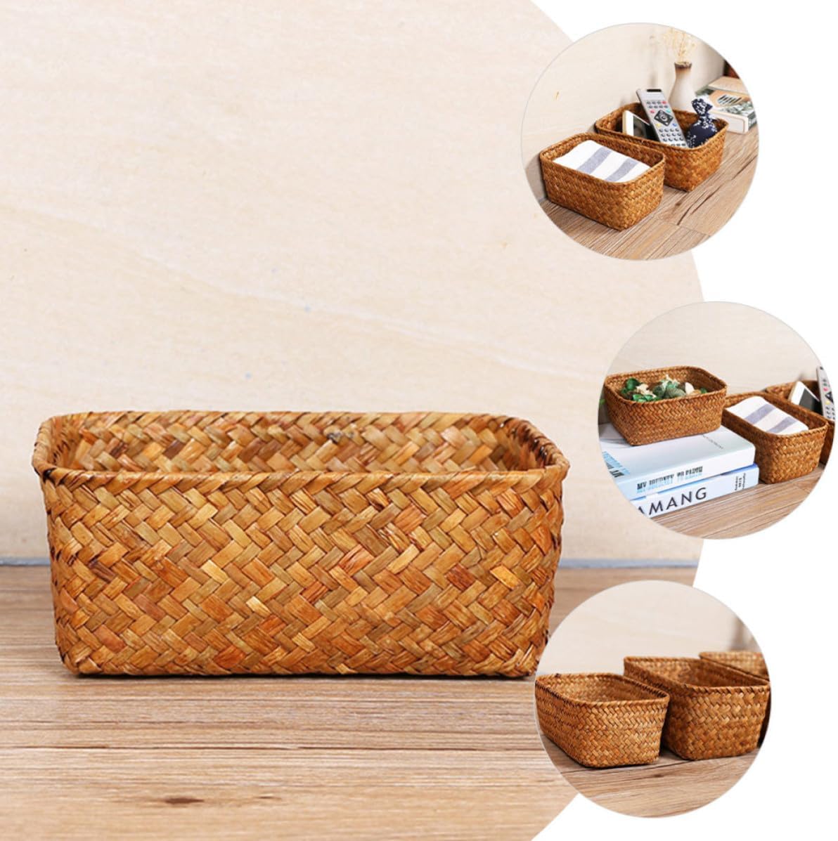 Seagrass Desktop Storage Basket, Hand Woven Rectangular Organizer Box image 4