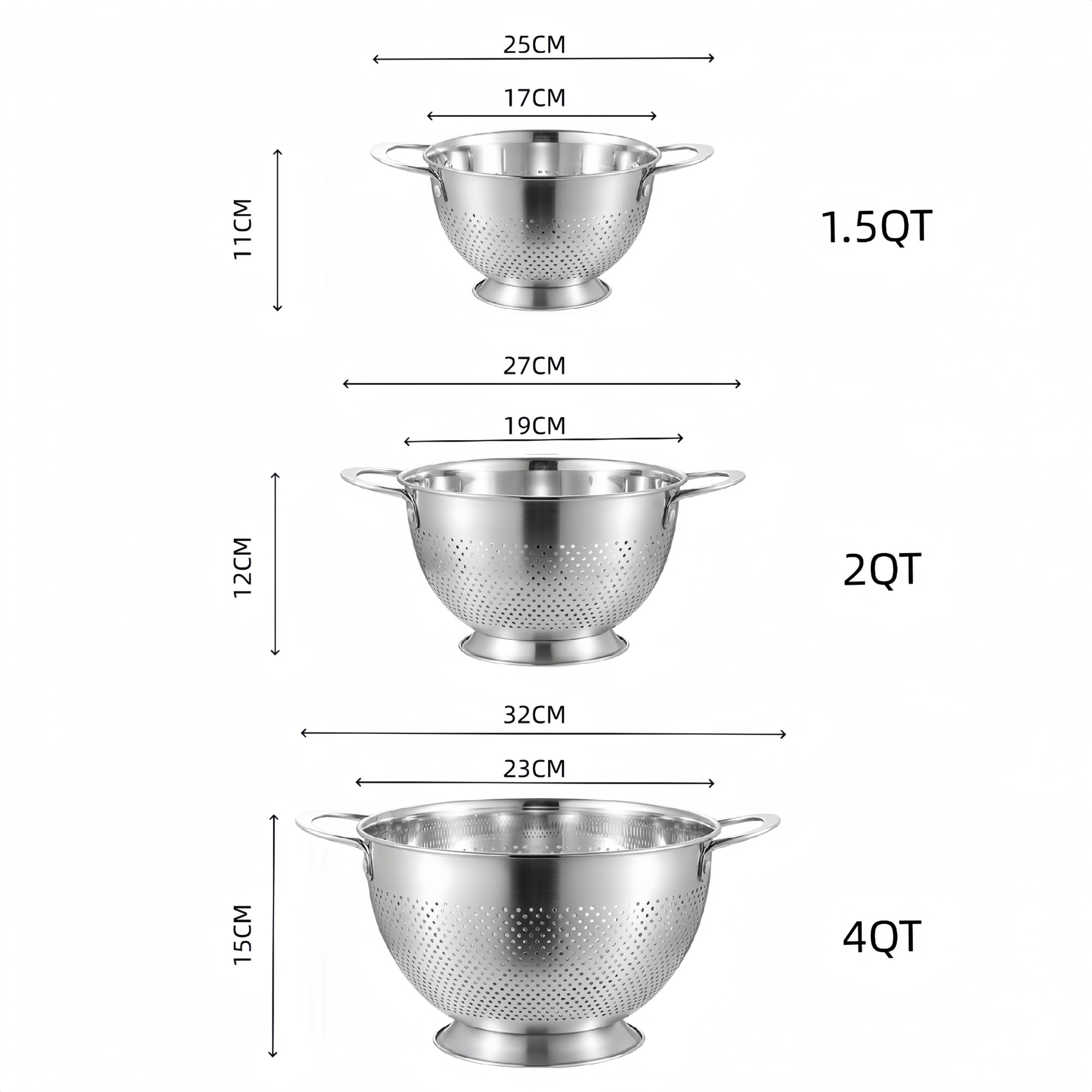 Lot de 3 passoires en acier inoxydable avec poignée 17/19/23 cm pour pâtes et légumes