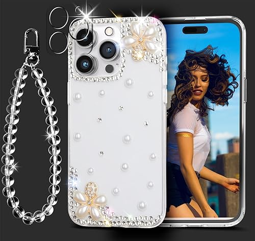 LOHASIC Funda para iPhone 15 Pro Max, diseño de flores transparentes con purpurina para niñas y mujeres, funda protectora de diamantes de cristal