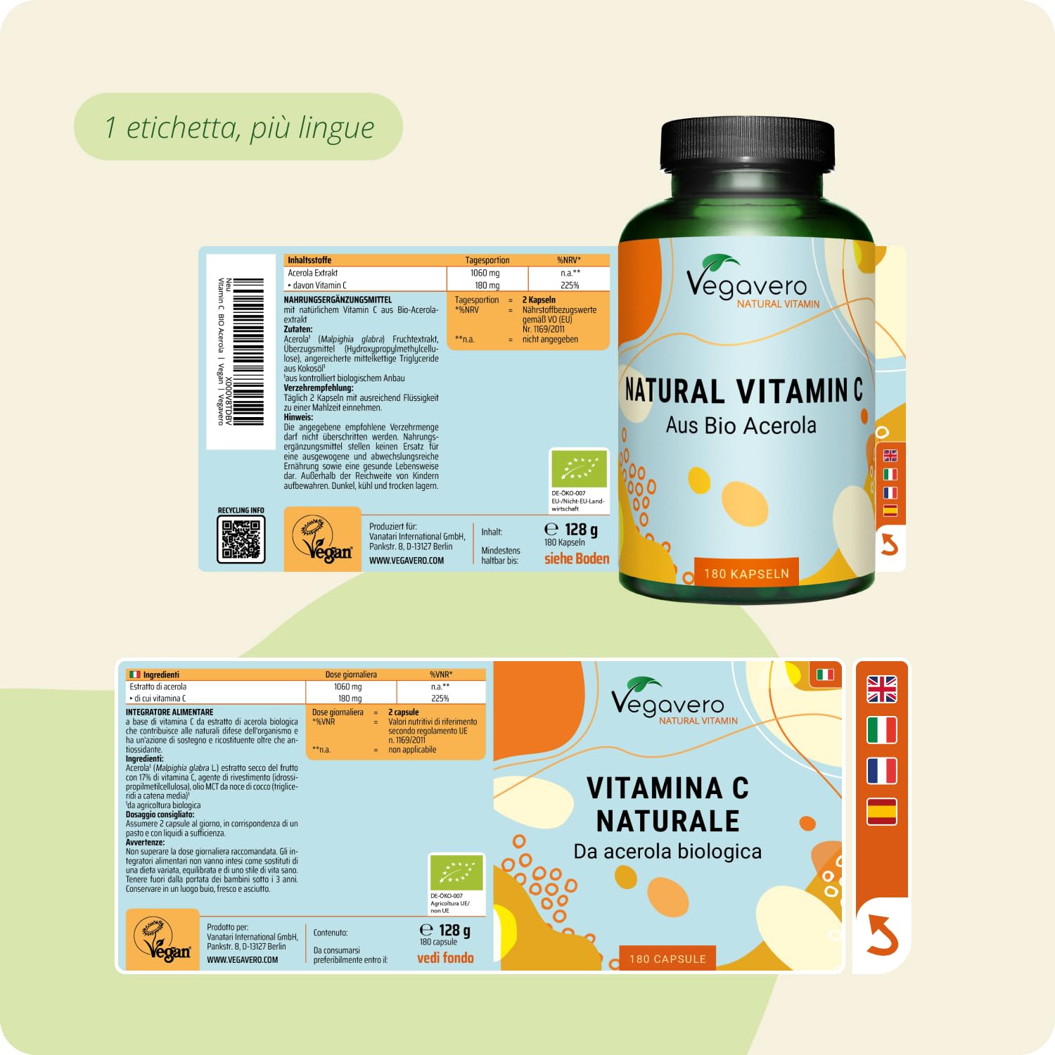 Vitamina C Naturale BIO | 1060 mg di Acerola | L’unica Biologica e Senza Additivi | Integratore per Sistema Immunitario e Antiossidante | 180 capsule | Vegan