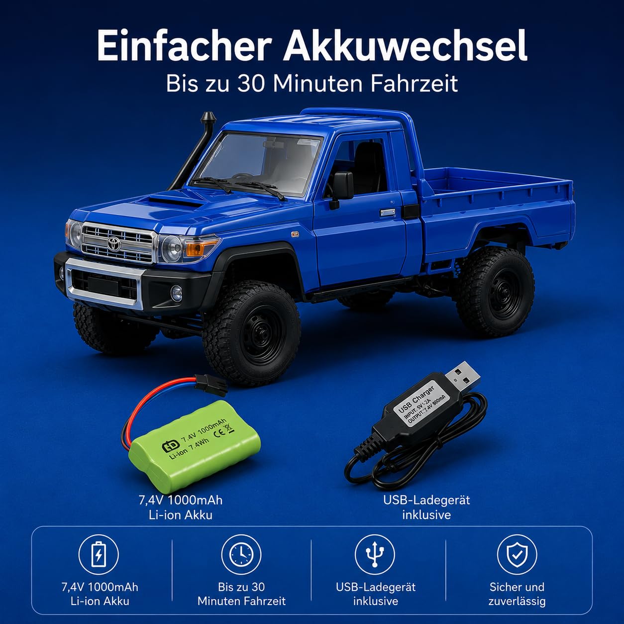 Coche teledirigido resistente 1:12 – Toyota Land Cruiser Pro RC Auto 4WD para exteriores con sistema de iluminación LED, 30 minutos de tiempo de conducción, vehículo todoterreno, coche