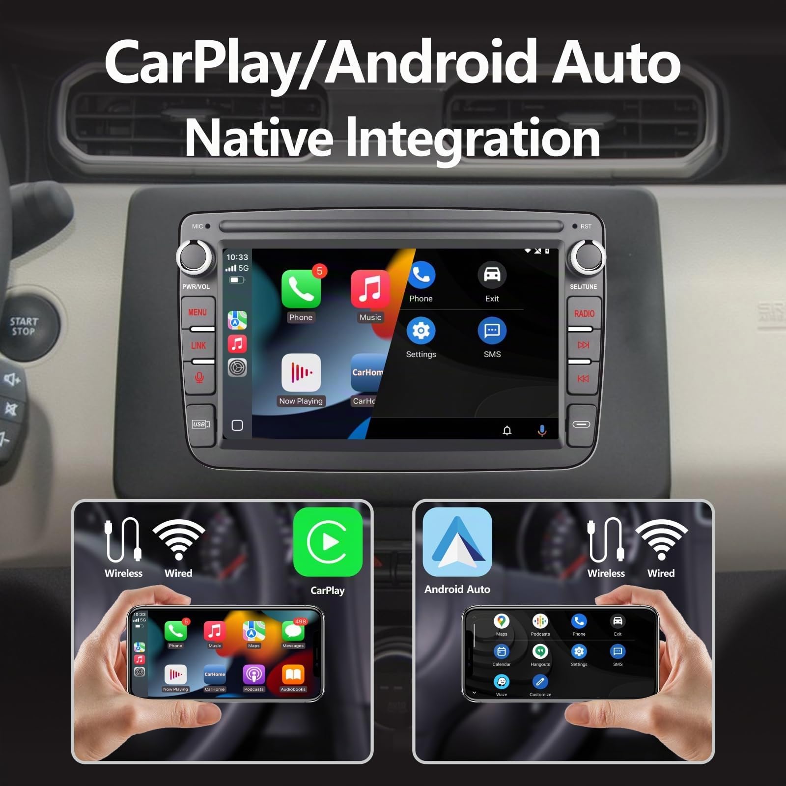 Autoradio mit Wireless CarPlay & Android Auto für Dacia Sandero Duster Logan Dokker Capture Renault Radio mit Touchscreen Bluetooth FM Rückfahrkamera Linux System