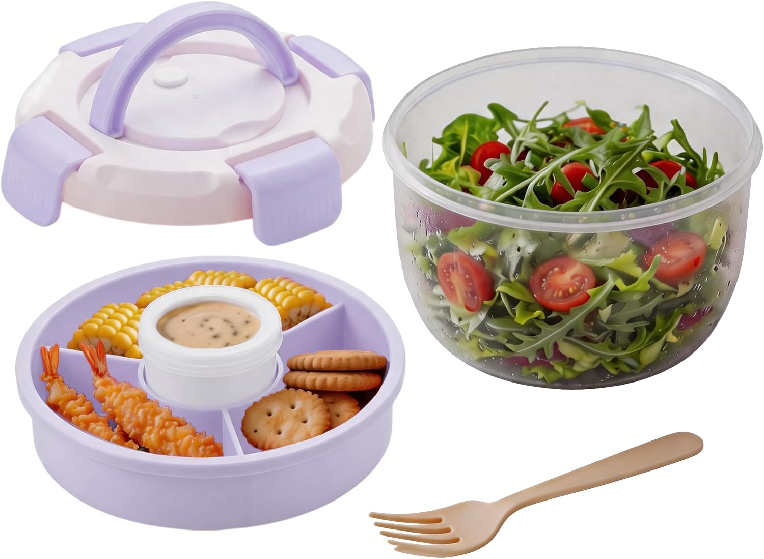 Round Salad Lunch Containers with Carrying Handle, 1300ML Bowl