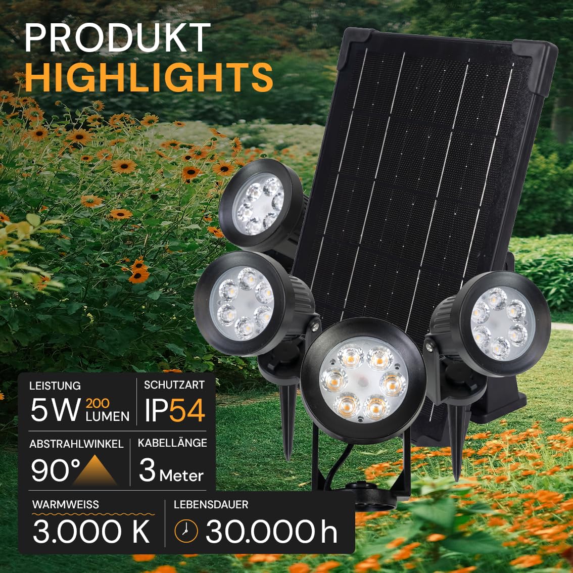 4er Pack Solarstrahler Garten Schwarz, 5W, 3000K Warmweiß | 200lm, IP54, mit Solarpanel, Erdspieß, 3m Kabel und Akku, Gartenstrahler und Solarlampe für außen