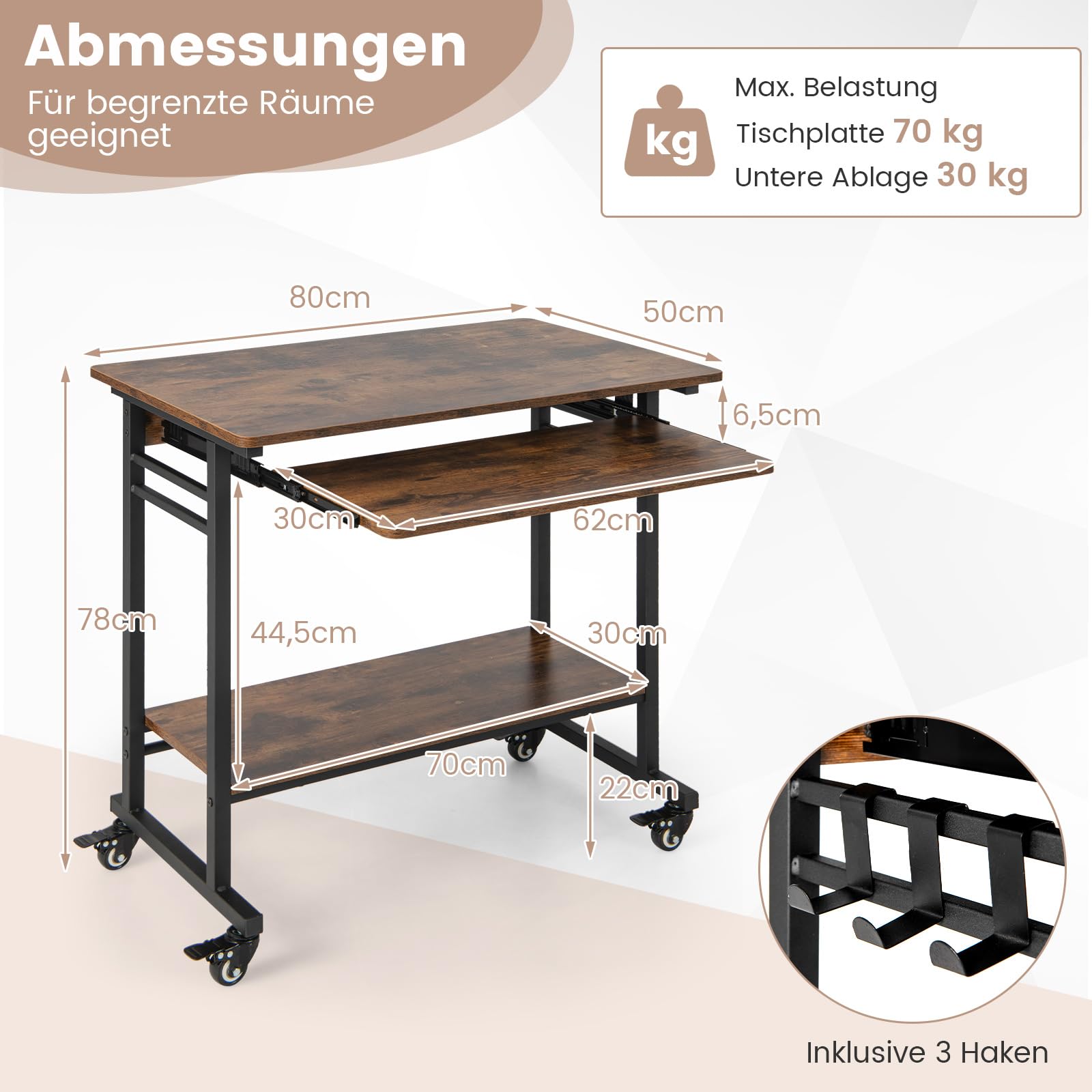 COSTWAY Schreibtisch mit Rollen, Tastaturablage, platzsparender Computertisch PC-Tisch mit Ablagefläche unten und Haken, industrieller Laptoptisch für das Heimbüro (Braun)