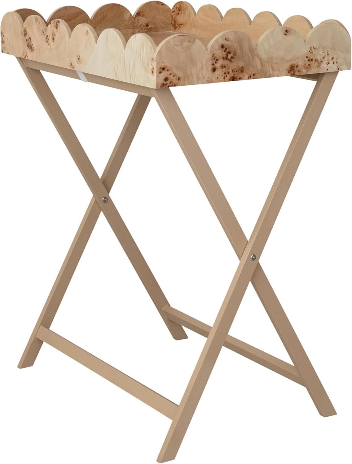 Creative Co-Op Burl Wood Veneer Folding Table with Removable Scalloped Tray, Natural