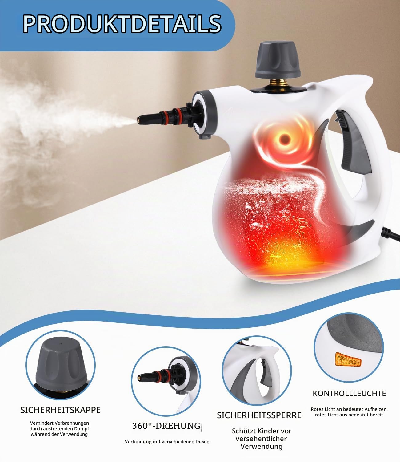 Dampfreiniger, 1050 W Dampfreiniger Handgerät mit 12 Zubehör, 3,2 bar Dampfdruck Hand Steam Cleaner, Multifunktional Handdampfreiniger für Alles Boden Küche Badezimmer Fenster Auto Sofa Teppich