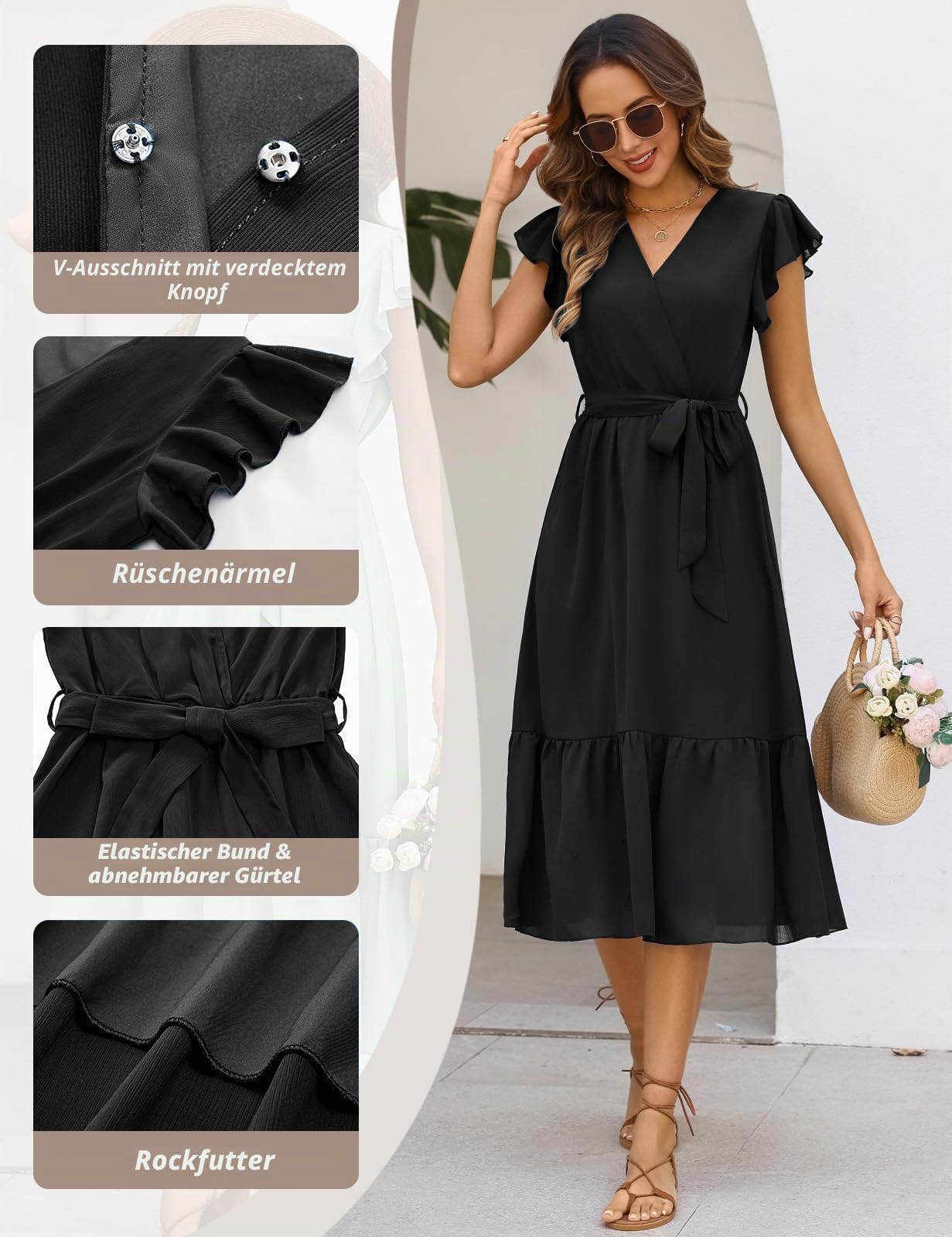 Sommerkleid Damen Maxikleid Casual V-Ausschnitt Rüschen Ärmeln Lang Kleid Sommer Elegant Hohe Taille A Linie Freizeitkleid Knielang Boho Strandkleid mit Gürtel