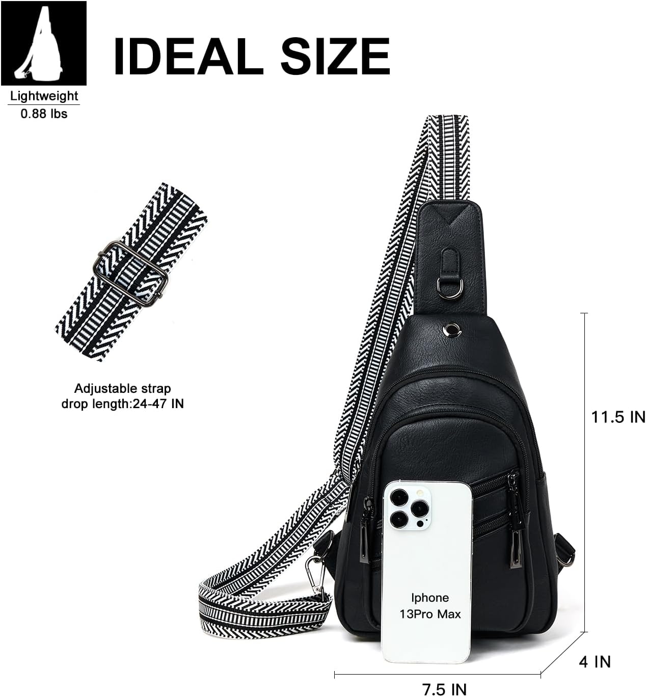 7L Crossboydy Sling Bag for Women Vegan Leather Crossbody Purse Fanny Pack Chest Bag for Travel,Black - Image 4