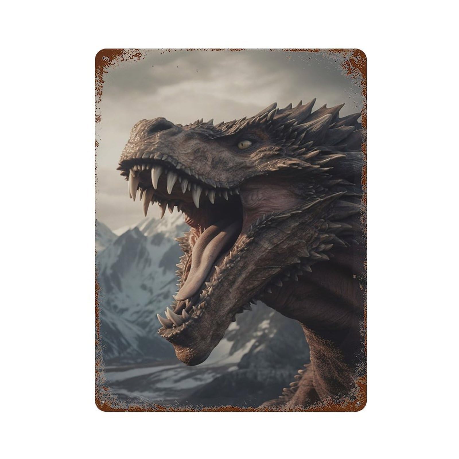 Aged Metal Wall Plaque with Roaring Mountain Dragon Design 15.7"x11.8", for Basement, Hobby Room And Garage Decor, Farmhouse Wall Decor