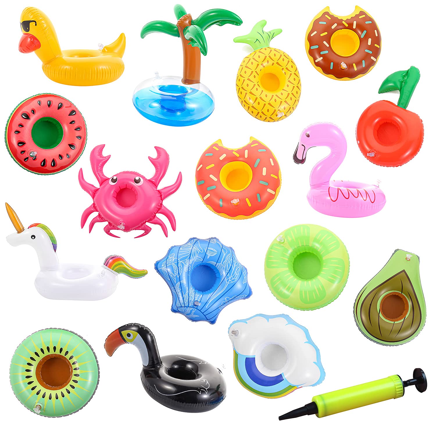 Fuyage 16 Pack Assorted Inflatable Floating Drinking Holders Coasters for Summer Swimming Pool