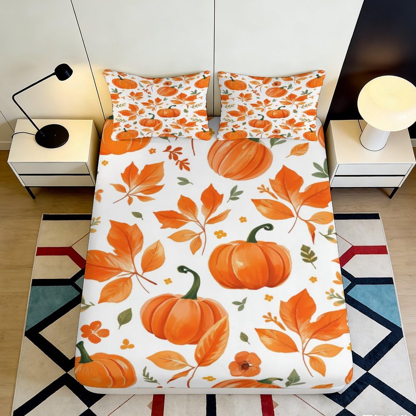 3D Printed Pumpkin Leaf Fitted Sheet Microfiber Autumn Orange Bed Cover for Bedroom Guest Room Mattress Protection Decor 200x200x25cm