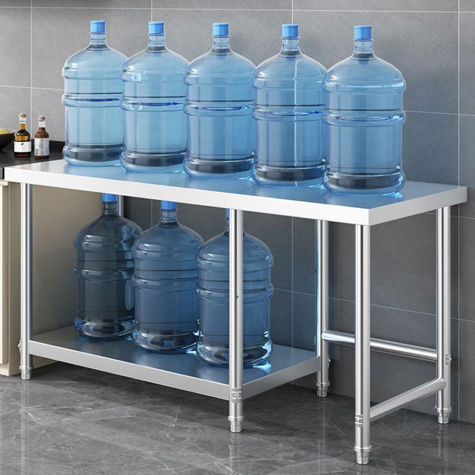 Banco de Trabajo de Acero Inoxidable, Soporte Sólido para Encimera, Mesa de Preparación de Cocina Comercial, Mesa de Metal Multifuncional de Doble Capa, Tabla de Cortar, Práctico Estante de A