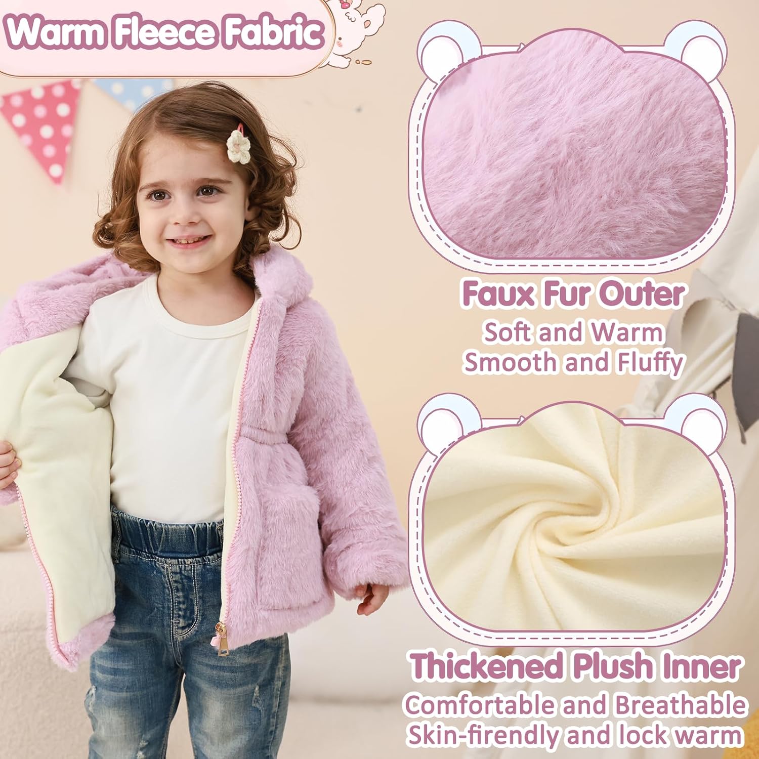 UVIPC Toddler Girls Winter Coat Fleece Jacket Overcoat Kids Faux Fur Hooded Outwear Clothes Warm Thicken 1-8 Years - Image 3