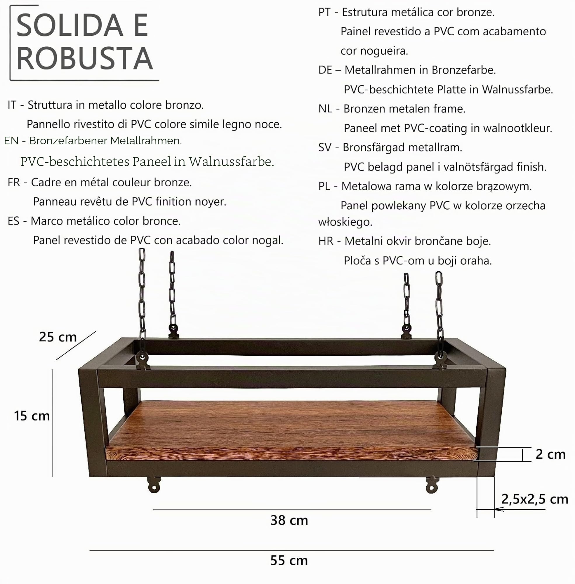 yelloo - Pflanzenregal Indoor Outdoor, Balkon Deko, Blumenständer Metall Hängendes Regal mit Ketten für Garten, Ideal zum Pflanzgefäßes im Freien (FLOWERS 55 cm, Braune/Walnüsse)
