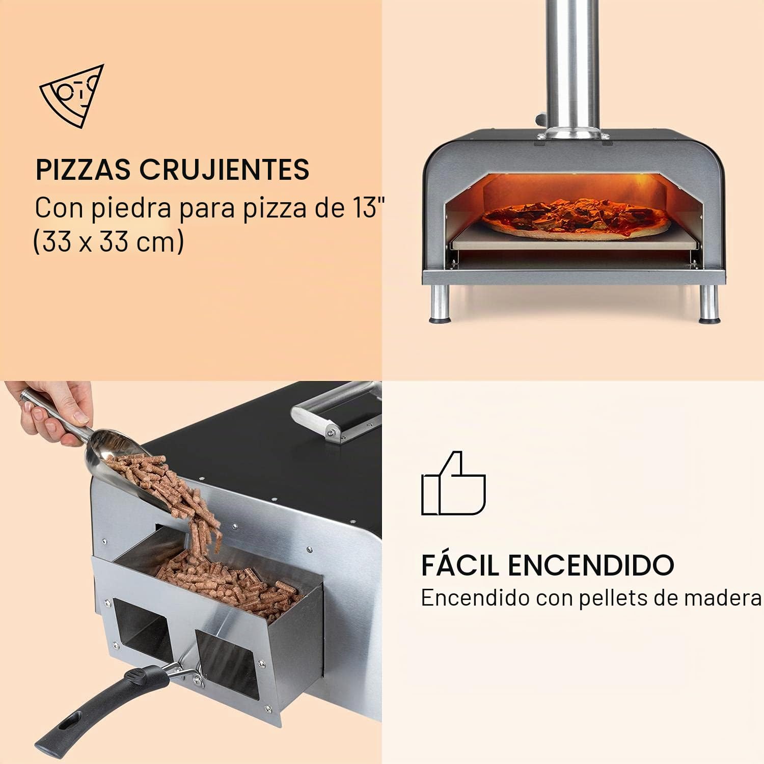 Klarstein Diavolo - Horno de pellets para pizza, Piedra para pizza de 13'' (33 x 33 cm), Termómetro 430 °C, Bandeja de goteo, Empujador, Accesorios carne, Asa plegable, Acero inoxidable, Antracita
