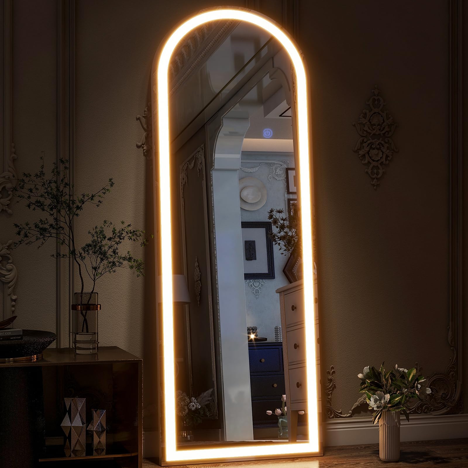 GLSLAND 20"x56" Arched LED Full Length Mirror with Lights – Wall Mounted or Standing Full Body Mirror for Bedroom/Cloakroom – Dimmable with 3 Color Lighting Modes: Arched 64"L x 21"W