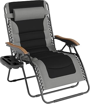 PHI VILLA XXL Oversized Padded Zero Gravity Chair, Foldable Patio Recliner, 30" Wide Seat Anti Gravity Lounger with Cup Holder, Support 400 LBS Gray
