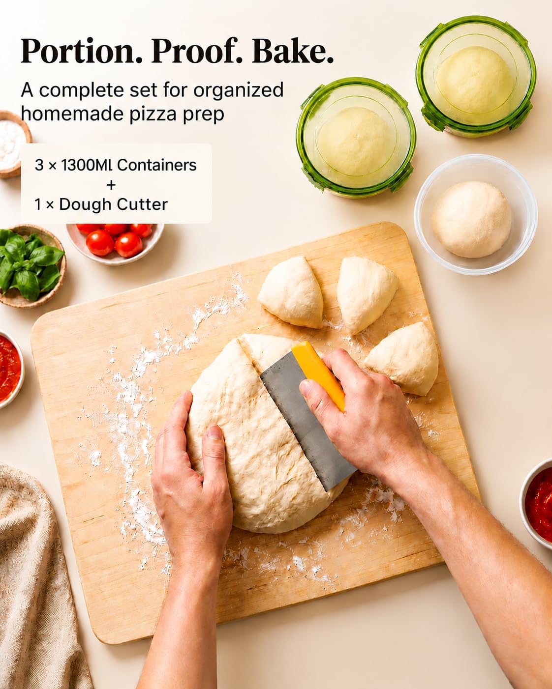 3 Pack Pizza Dough Proofing Container, 44oz/1300ml Plastic Proofing Box with Clear Airtight Lids, Stackable Fermentation Storage for Pizza, Bread, Sourdough, Includes Dough Cutter