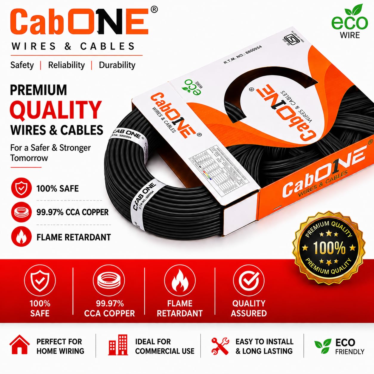 CabONE Lite 1.5 Sq mm Electrical Wire - 90m Blue Single Core CCA Copper Wire | Fire Retardant PVC Insulation for Domestic Wiring Black 2