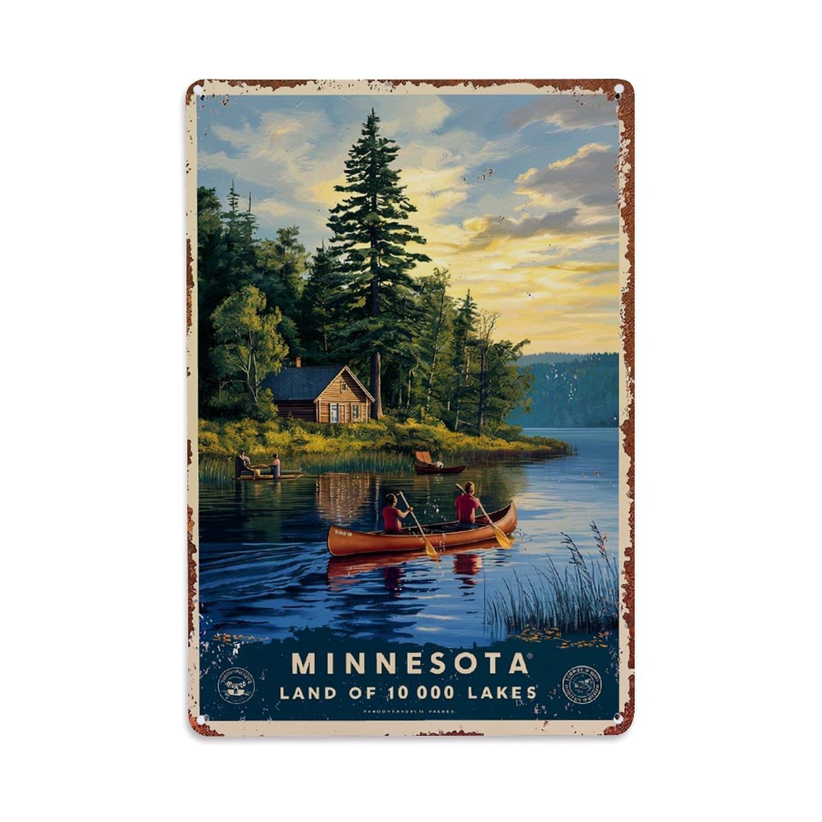 Minnesota Lake Cabin Canoe Sunset Retro Metal Tin Sign, Vintage Decor Art Poster for Bar, Home, Man Cave, Kitchen, Laundry Room Gift 8x12Inch