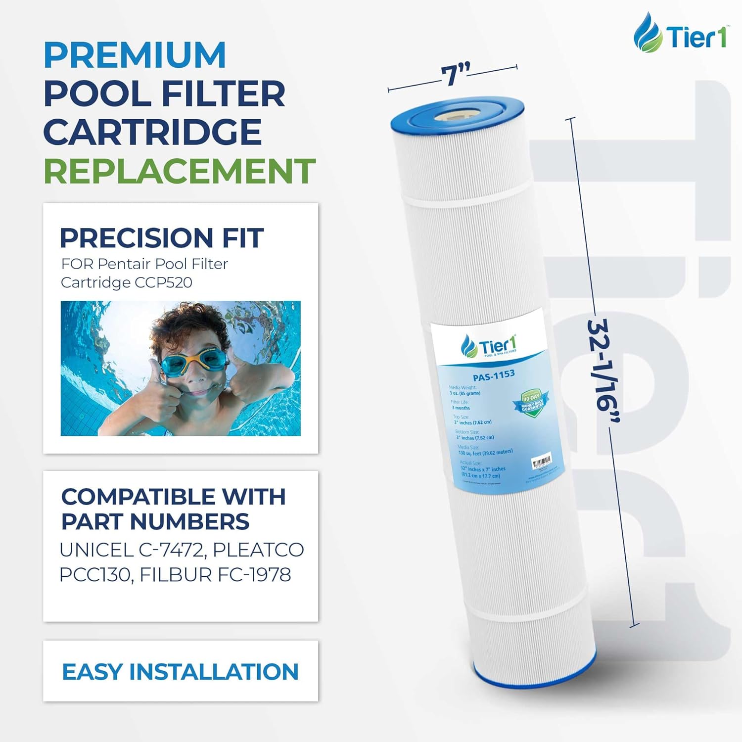 Tier1 Replacement for Pentair CCP520 Pool Filter Cartridge – 4 Pack | Compatible with Unicel C-7472, Pleatco PCC130, Filbur FC-1978 | 32-1/16" x 7" | Trilobal Fabric | Washable Pool Cartridge