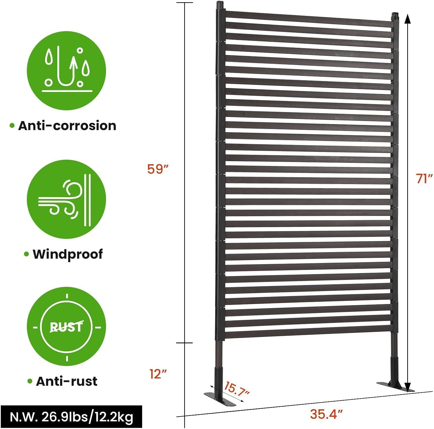 Metal Outdoor Privacy Screen with Stand, 3 ft W x 6 ft H PE-Coating Steel Pipes and Slats Panels, Decoative Privacy Screen Fence Panels Freestanding for Outside Patio Garden Backyard, Brown