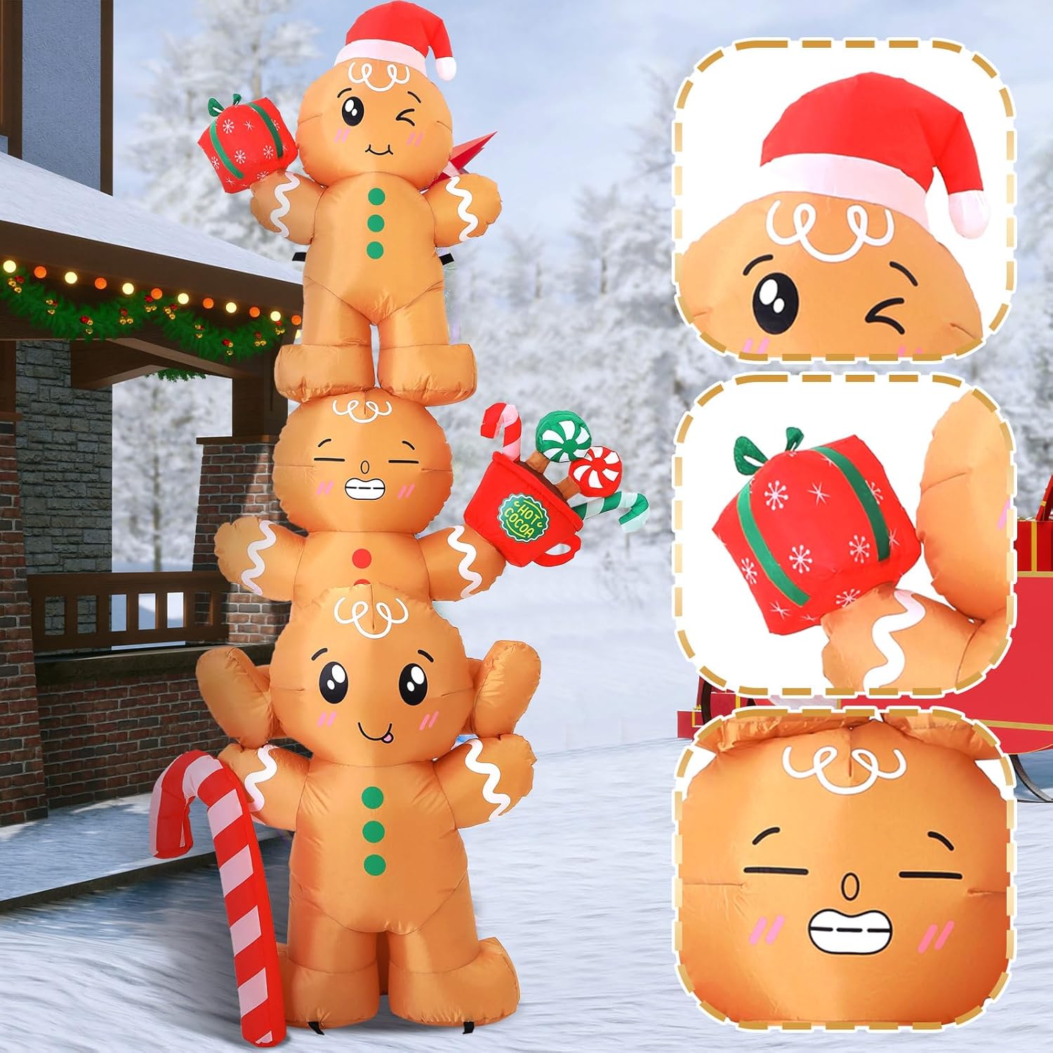 Bencailor 6.56ft Christmas Gingerbread Man Inflatable Outdoor Decorations Gingerbread Signs Blow up Gifts Candy Canes Santa's Hat Built-in LED Lights for Winter Yard Garden Lawn Decor Party Favor