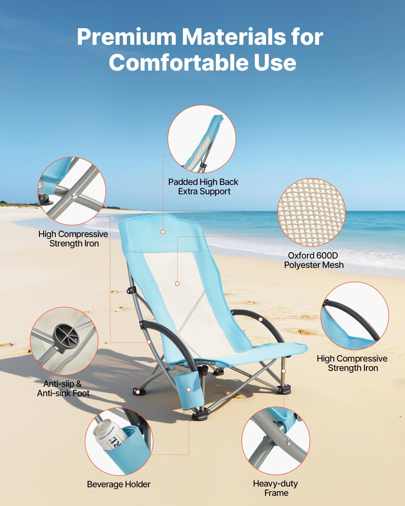 VEVOR Chaise de Camping Pliante et Portable 2PCs, Fauteuil Pliable Camping à Dossier Haut, pour Pique-Nique Randonnée Pêche en Plein Air, Charge 150 kg, avec Porte-gobelet et Sac de Transport, Bleu