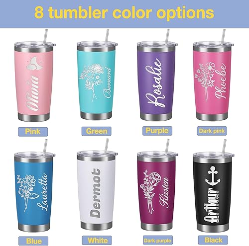 Miniatura 3 de Vaso personalizado personalizado grabado con nombre de flor de nacimiento personalizado de 20 onzas, vaso de café de viaje aislado de acero