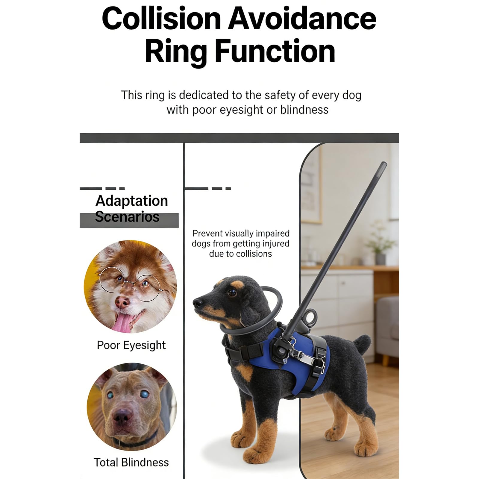 PANGBOER Correa protectora circular fácil de llevar, a prueba de colisiones, para mascotas con discapacidad visual, ajustable, diseño de poliéster transpirable, arnés para perro ciego, ayuda a caminar