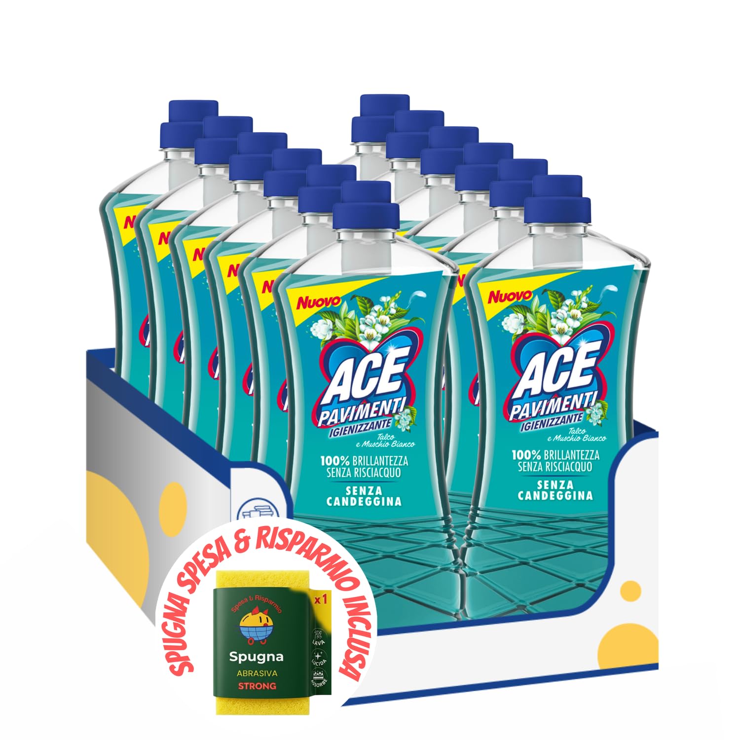Detergente Igienizzante Pavimenti Talco e Muschio Bianco 1L – Profumo Delicato kit con Spugna Brandizzata SPESA & RISPARMIO Inclusa – Variazioni 4/8/12 Pezzi (12)