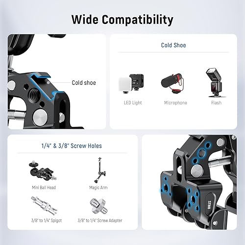 Vista 27 de NEEWER Super Clamp con brazo mágico de cabeza esférica doble de 3 pulgadas, zapata fría, roscas de 1/4 pulgadas, adaptador de montaje de cámara