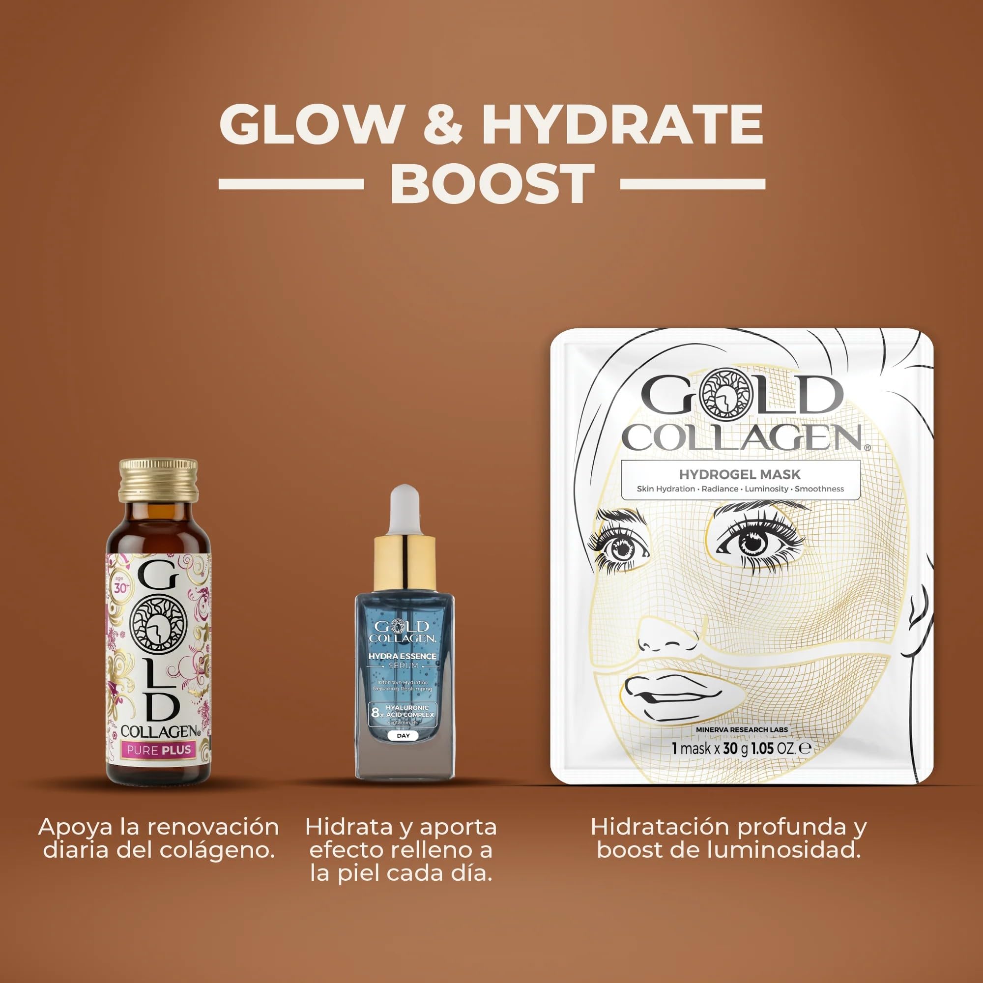 GOLD COLLAGEN New Pure Plus Complemento con 8g Colágeno Marino Hidrolizado, Biotina para Cabello Piel y Uñas, 10 Botellitas 50ml